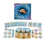 Board game set with cards and pieces on a white background