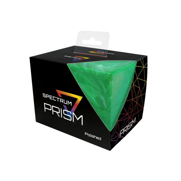 Spectrum Prism packaging with a green triangular object on a white background