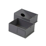 Two gray storage bins on a white background