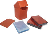 Collection of red card sleeves and a blue card holder on a white background