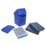 Blue card sleeves and a blue card holder on a white background
