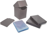 Collection of gray card sleeves and a blue card holder on a white background