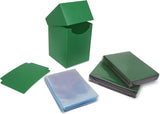 Green card sleeves and a green card holder on a white background