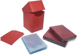 Red card game accessories including a deck box, cards, and sleeves on a white background