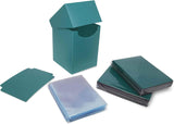 Collection of teal card sleeves and a box on a white background