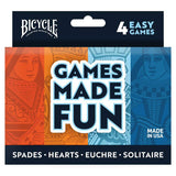Bicycle card game set packaging with 'Games Made Fun' text and card designs.