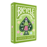 Green Bicycle Garden Gnome playing card box on a white background