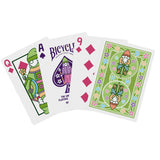 Two playing cards with cartoon characters on a white background