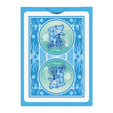 Playing card with a shark and dolphin design on a blue background