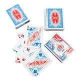 Playing cards with blue and red design on a white background