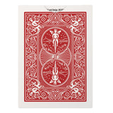 A red and white playing card back featuring an ornate symmetrical design with cherubs, winged figures, and intricate scrollwork. The card is centered on a clean white background with a small brand label at the top that reads 'F and Design, BICHY'.