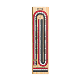 Wooden cribbage board with red, black, and white tracks on a white background