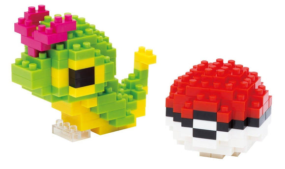 Two colorful building block toys resembling a snake and a mushroom on a white background