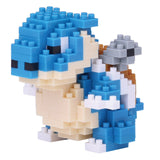 Toy figure made of interlocking bricks in blue, beige, and white on a white background