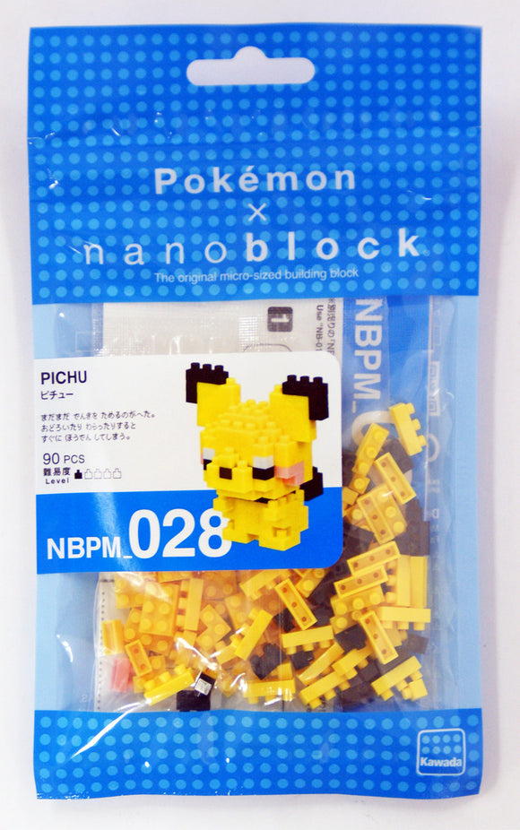 Pokémon nanoblock packaging with Pikachu figure and blue border