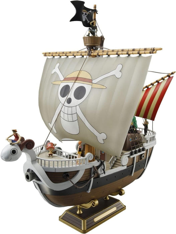 Pirate ship model with skull and crossbones design on a white background