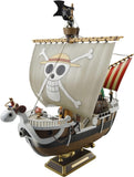 Pirate ship model with skull and crossbones design on a white background