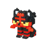 Toy figure made of interlocking bricks in red, black, and yellow on a white background