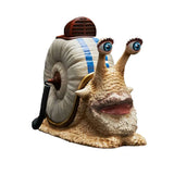 Animated snail character with a large shell on a white background