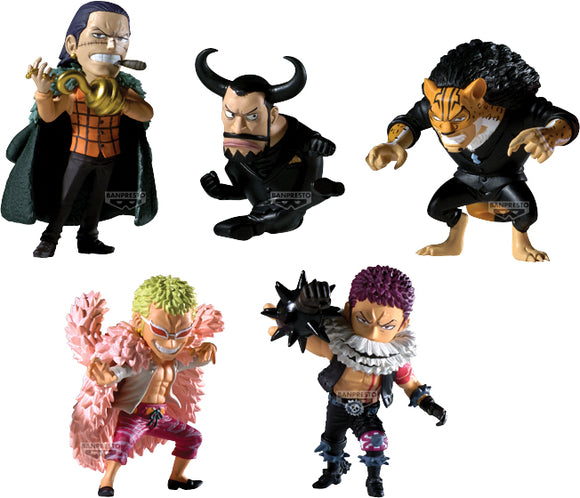 Five action figures of different characters on a white background
