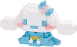 Toy figure made of interlocking bricks with a white face and blue accents on a white background