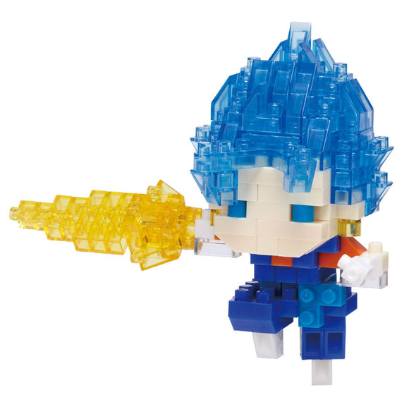 Toy figure made of interlocking bricks with blue hair and a yellow weapon on a white background