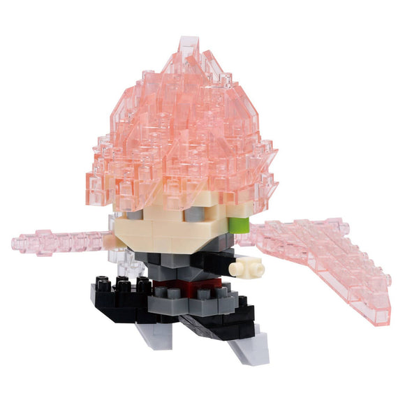 Toy figure with pink hair and a transparent pink object on a white background