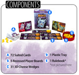 Components of a board game set including cards, player boards, cheese wedges, and a rulebook on a purple background.