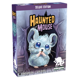 Front and spine of the board game box for 'Haunted Mouse Deluxe Edition' by Bezer Games, featuring a cute, fluffy light blue mouse with large blue eyes in a spooky house setting.