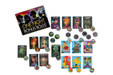 Collection of board game character cards and role cards on a white background