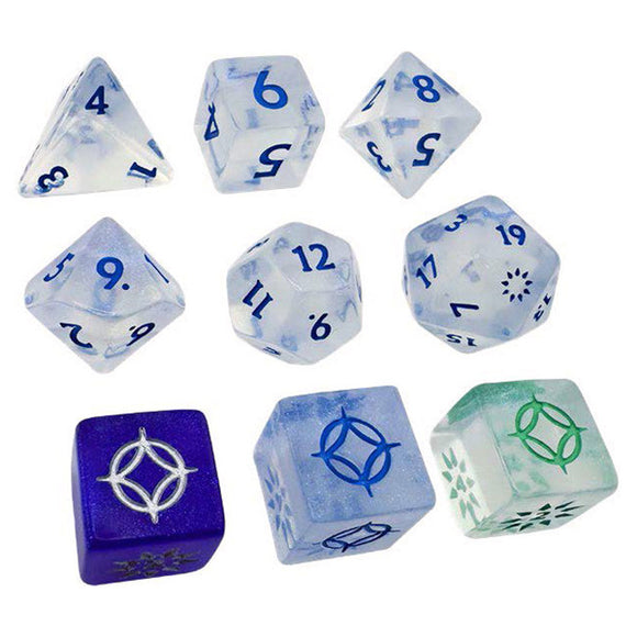 Set of dice with blue and white numbers on a white background