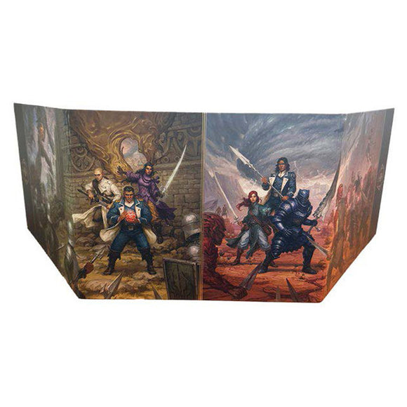 DM screen of fantasy characters in a battle scene