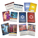 Collection of game cards with various designs and text on a white background