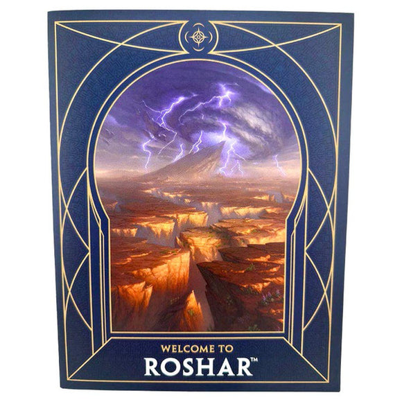 Cover of a book titled 'Welcome to Roshar' with a stylized landscape and lightning.