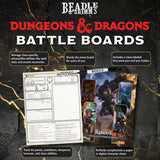Beadle & Grimm's Dungeons & Dragons Battle Boards with character cards and battle board on a dark background.