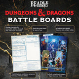 Beadle & Grimm's Dungeons & Dragons Battle Boards with character sheets and pen on a dark background