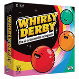 Box of 'Whirly Derby' marble racing game with colorful design and marbles on a white background