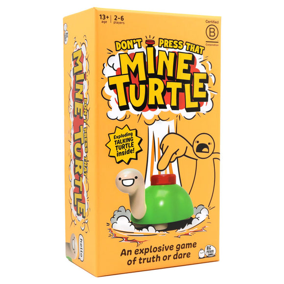 Box of 'Don't Press That Mine Turtle' game with turtle illustration and text on yellow background