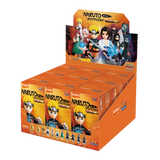 Display box of Naruto figurines with character images on an orange background