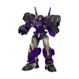 Transformers robot action figure with purple and black color scheme on a white background