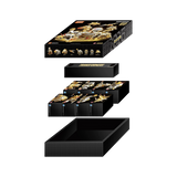 Set of black toy boxes with gold accents on a white background
