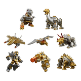 Collection of toy figures in robot and dinosaur forms on a white background