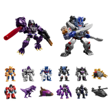 Collection of various toy robots and vehicles on a white background