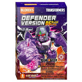 Toy packaging for Blokees Transformers model kit with purple robot figure on a white background