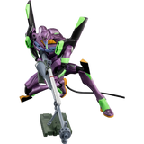 Model kit of a purple and green robot on a white background