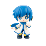 Small figurine with blue hair and outfit on a white background