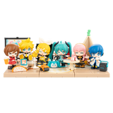 Set of colorful character figurines on a wooden platform with a white background