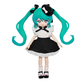 Toy figure with teal hair and a black and white outfit on a white background