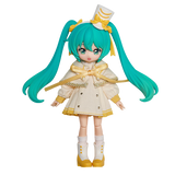 Anime character figurine with turquoise hair and a white and yellow outfit on a white background