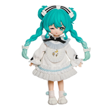 Anime character figurine with teal hair and a white outfit on a white background
